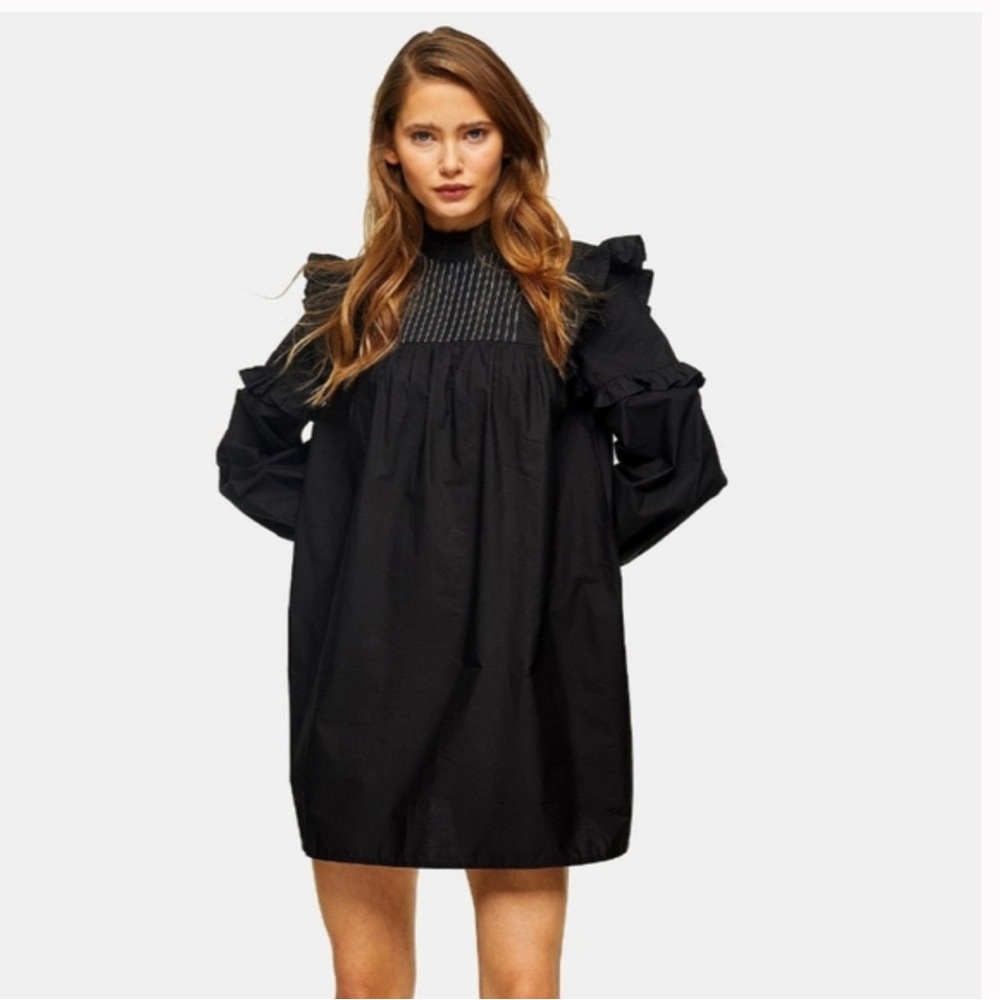Topshop Black Pintuck & Ruffle Mini Dress (Size 6)